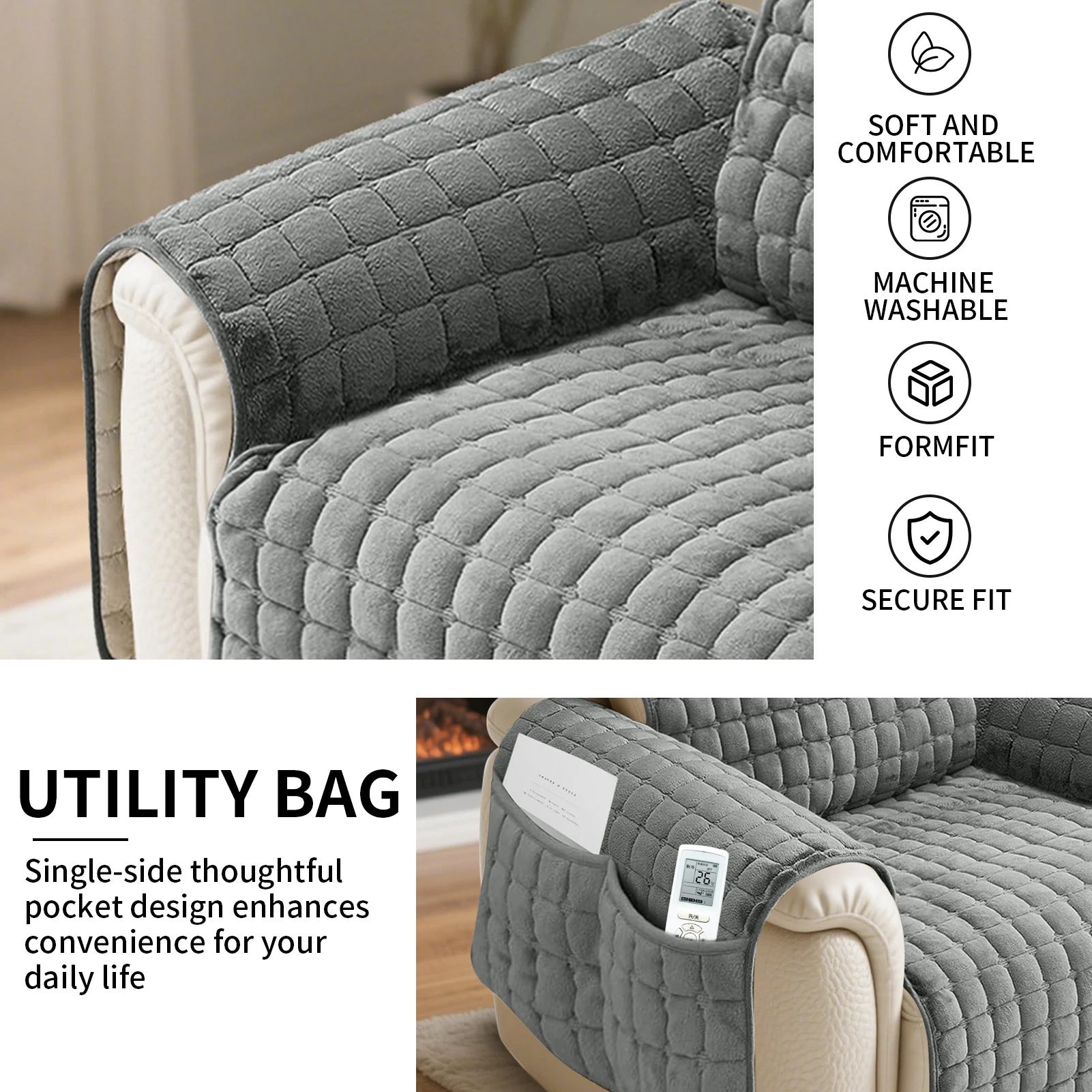 Recliner Sofa Cover Flannel Plush Chair Covers Armchair Slipcovers with Pockets Relax Non Slip Couch Slipcovers Sofa Protector - imagen 3