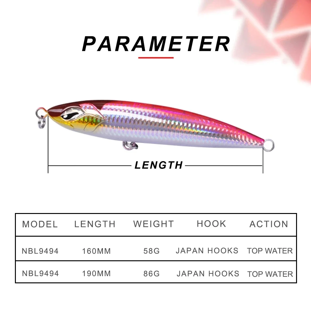 Noeby 1 pieza 19cm 86g 160mm 58g señuelo de pesca de mar Stickbait NBL9494 señuelo tipo lápiz Top Water GT Popper pesca cebo de palo de agua salada - imagen 5