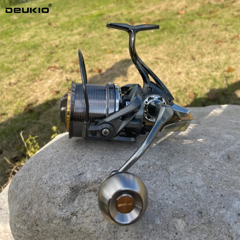 Carrete de Pesca giratorio DEUKIO de tiro largo 8000 9000 10000 12000 14000 20KG arrastre potente carrete de agarre de Metal Pesca de agua salada