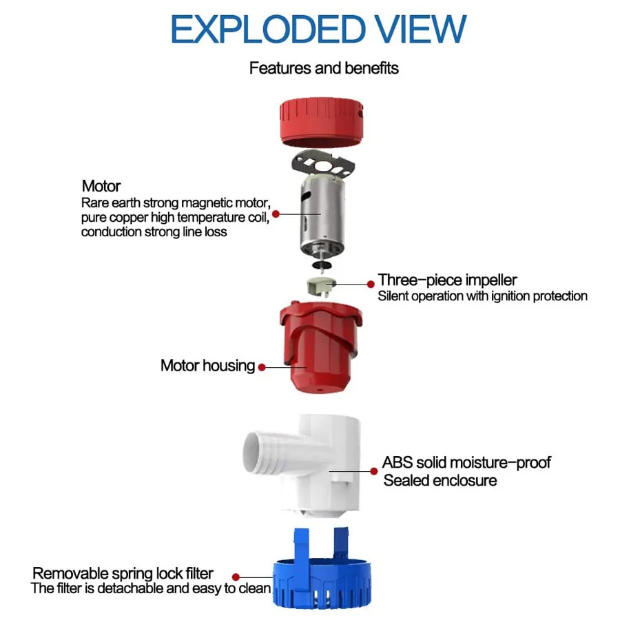 Bomba de sentina eléctrica sumergible para barco, accesorios de poco ruido para agua marina, 350-1100GPH, 12/24V - imagen 4