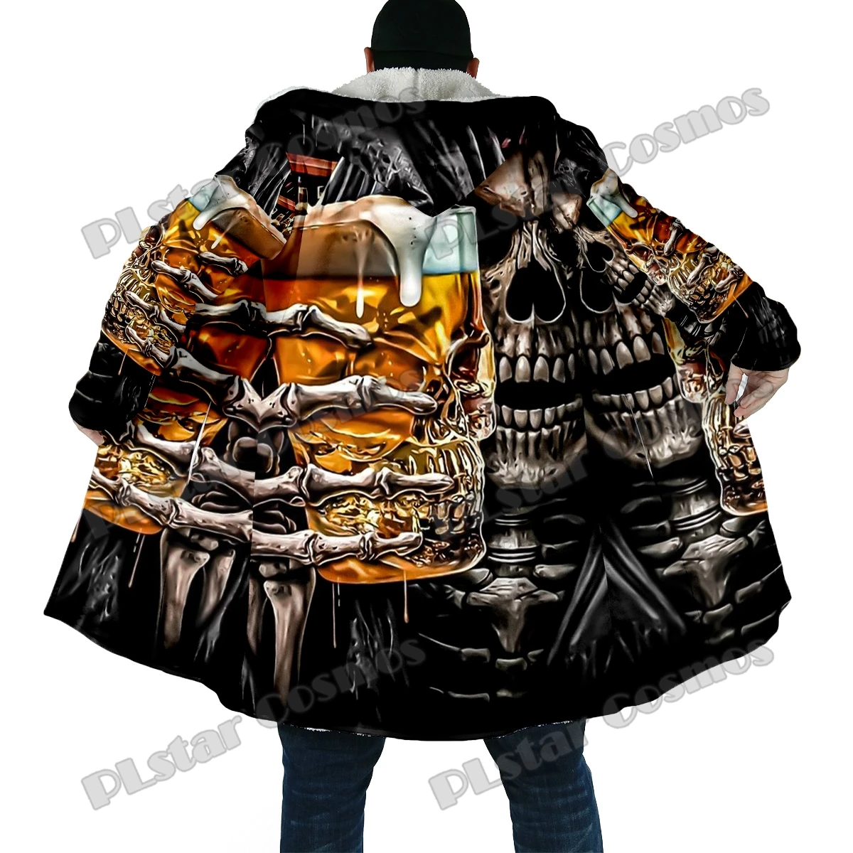 Capa de invierno a la moda para hombre, capa con capucha de lana gruesa con estampado 3D de cerveza y calavera de Reaper, capa cálida informal Unisex BB52 - imagen 3