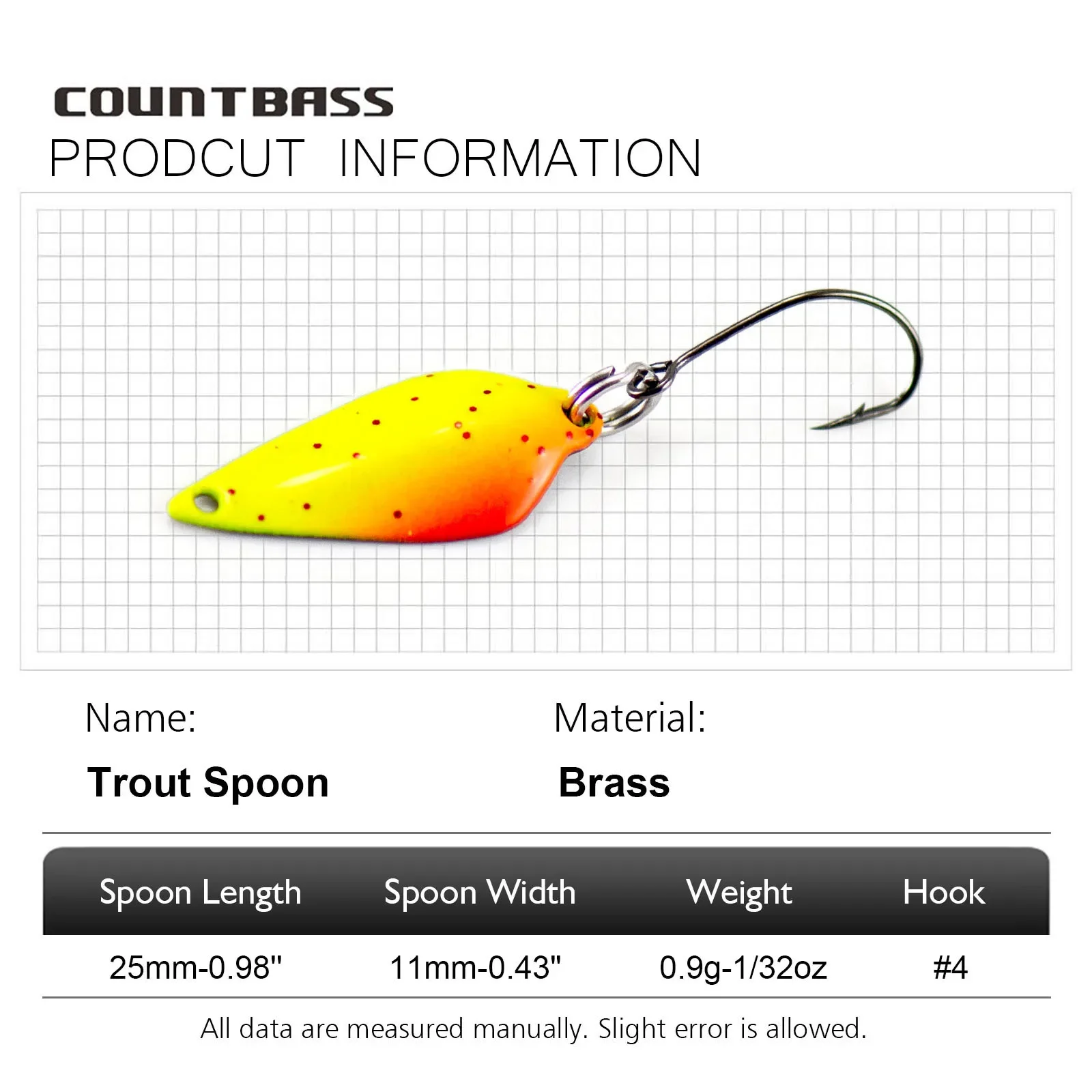 Countbass 1/32oz 0,9g cucharas de trucha hoja latón fundición Señuelos de pesca para salmón trucha Pike Bass - imagen 2