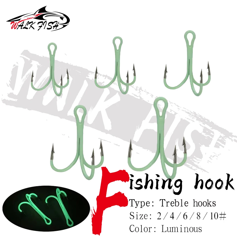 WALK FISH 10 unids/lote anzuelo de pesca de acero alto en carbono luminoso tres anzuelos de anclaje anzuelos de púas triples equipo luminoso de aparejos de mar