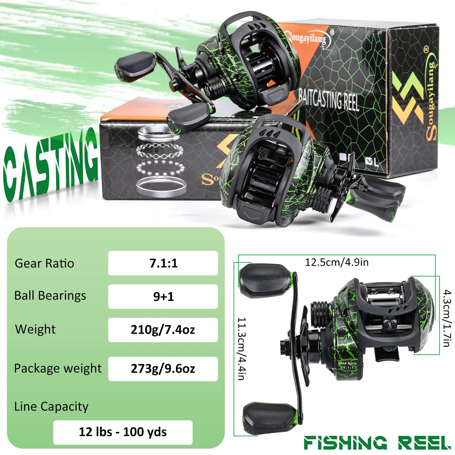 Carrete de Baitcasting Sougayilang 7,1: 1 relación de engranaje de alta velocidad arrastre máximo 10Kg con carrete de aluminio carrete de fundición para pesca con señuelo de lubina - imagen 2