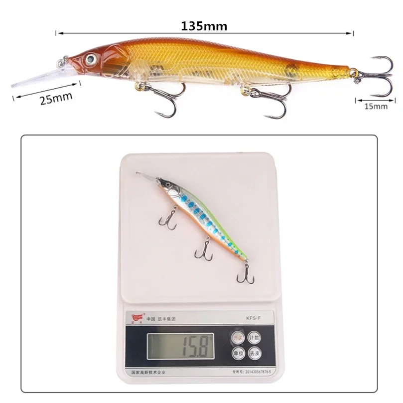Señuelos de Pesca de pececillos, cebo duro Artificial de 13,5 cm y 15,8g, suspensión de calidad, Wobblers 3D, ojos realistas, Lucio, 1 piezas - imagen 4