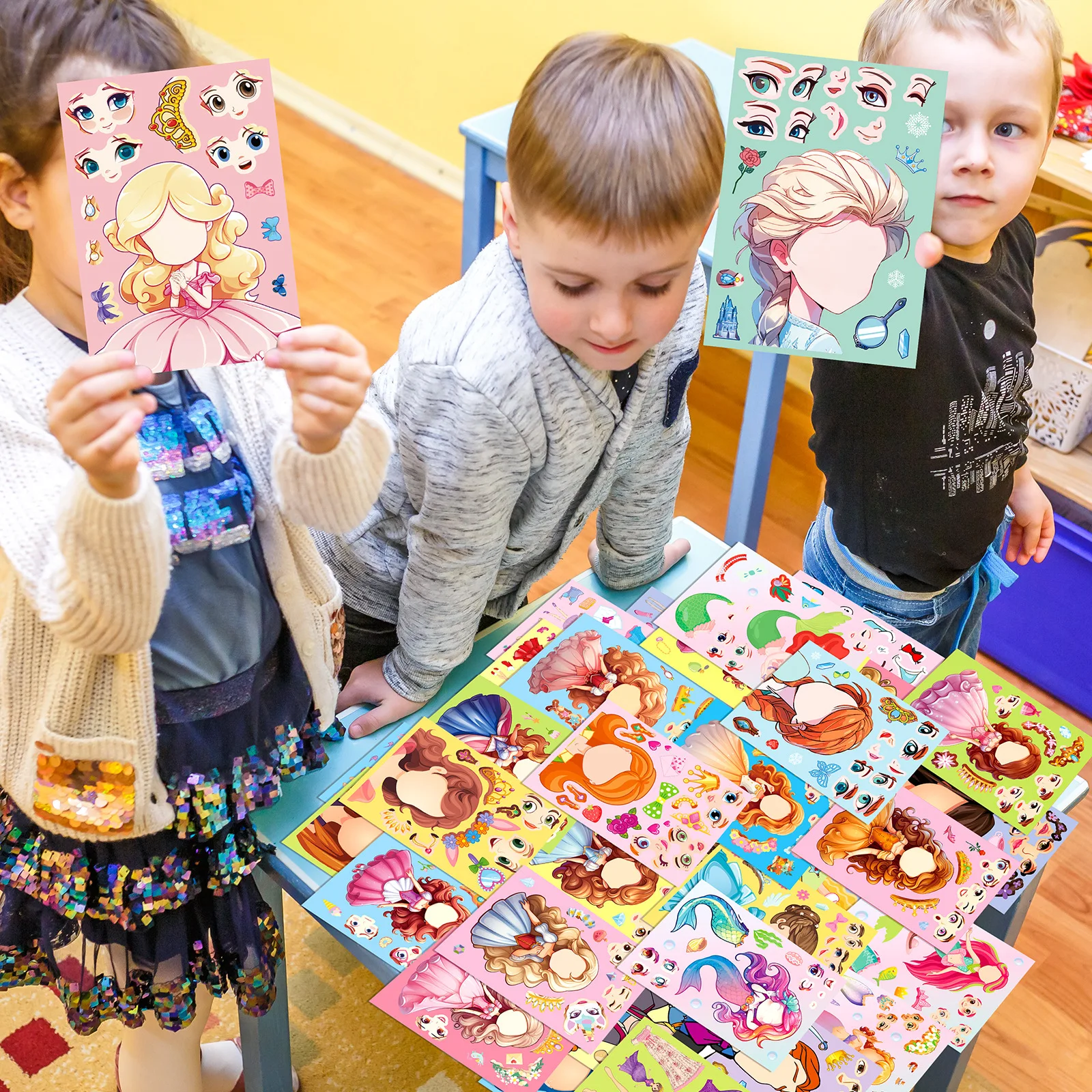 Pegatinas de rompecabezas DIY para niños, 6 juegos de princesa, sirena, hacer una cara, divertido ensamblar, rompecabezas, juguetes educativos para niños, 6-42 hojas - imagen 2