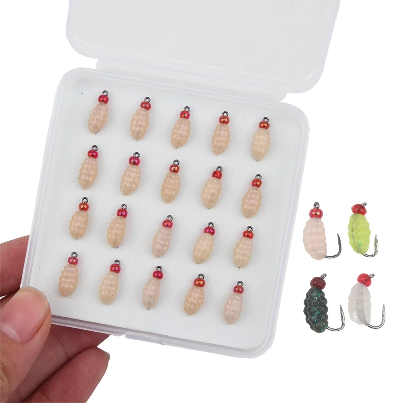 Señuelo de gusanos con anzuelos, cebo suave realista para pesca con mosca, para trucha, lubina, carpa y Lucio, 20 piezas