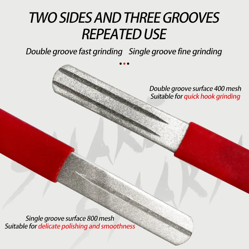 Herramientas de pesca de doble cara, piedra de afilar de gancho de diamante de grano 400/800, Lima de pulido portátil, piedra de afilar de anzuelo de pescado - imagen 3