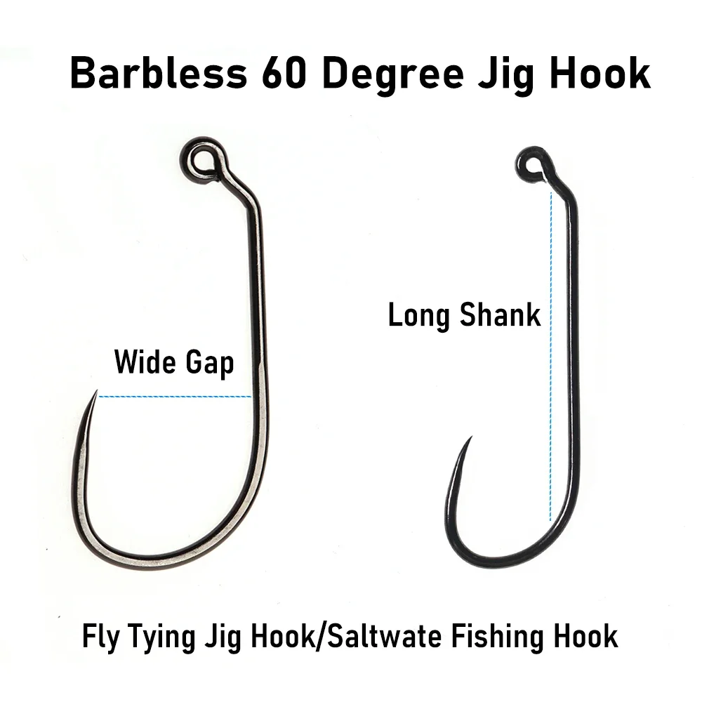 Wifreo 50 piezas # 1- # 14 anzuelos de pesca con mosca de 60 grados, sin púas, de acero al carbono, con espacio ancho/vástago largo, serpentina ninfa - imagen 2