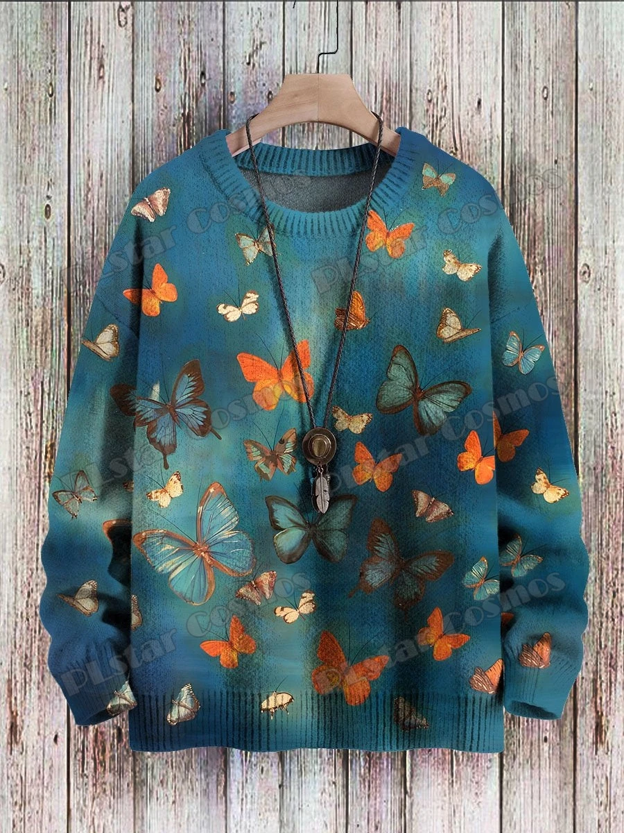 Jersey de punto informal para hombre y mujer, suéter de cuello redondo con estampado 3D de Graffiti, mariposa y arte callejero, KMY32, Invierno