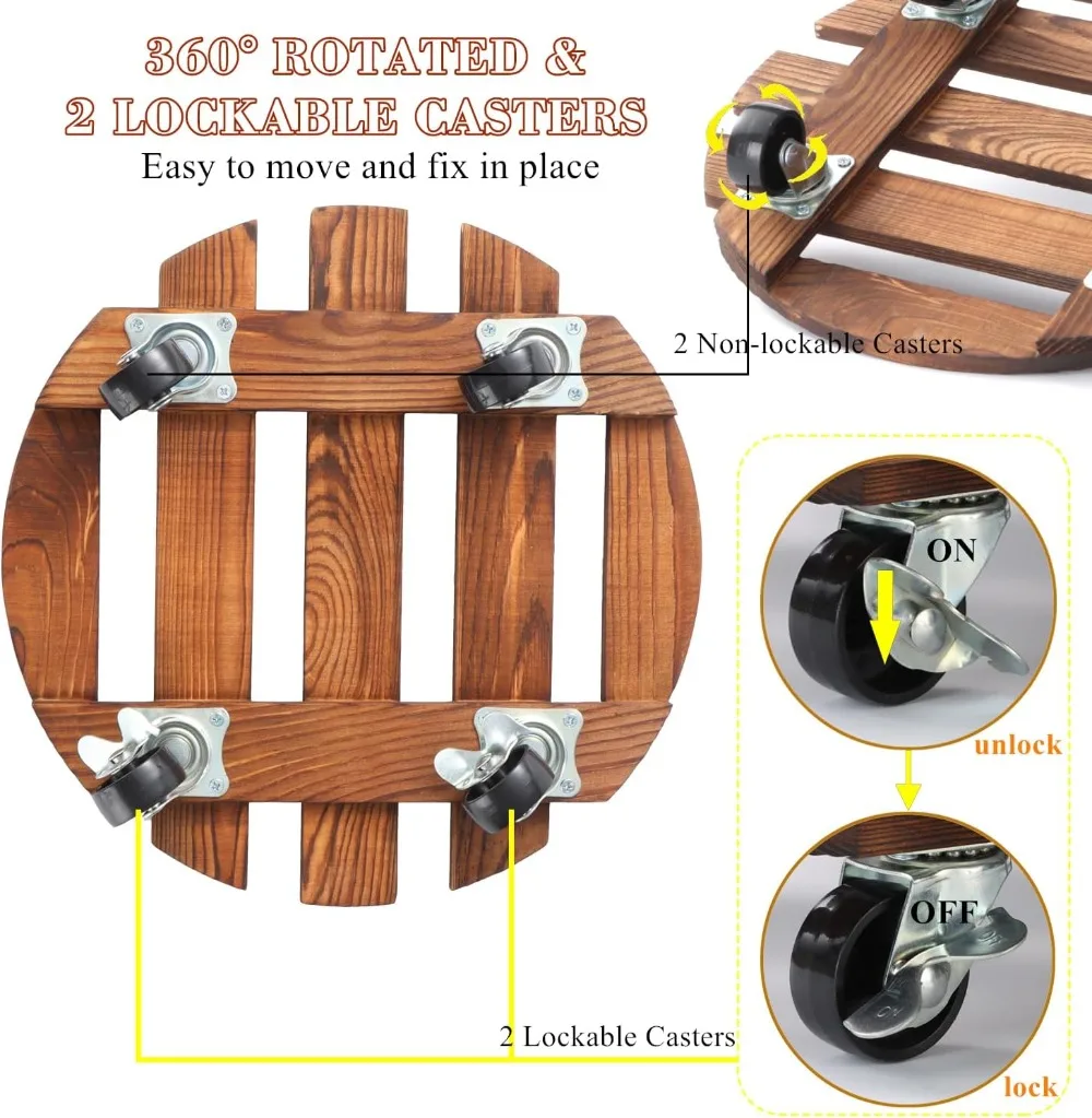 Carrito de plantas con ruedas, soporte para plantas rodantes, bandejas para macetas redondas de madera de alta resistencia de 220LB con Meta Wheels de 360 °, plataforma rodante para macetas de flores - imagen 4