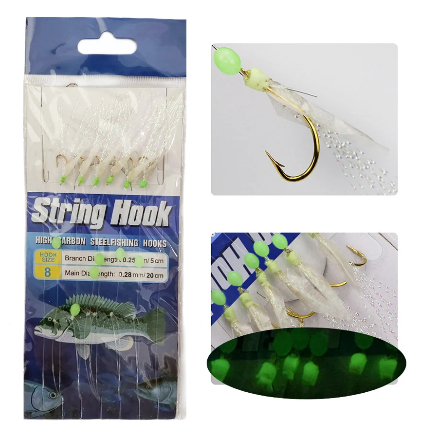 Sabiki anzuelos luminosos de pesca, anzuelos de pesca, mosca del océano, aparejos de agua salada que brillan en la oscuridad, 8 #, paquete de 15 - imagen 4