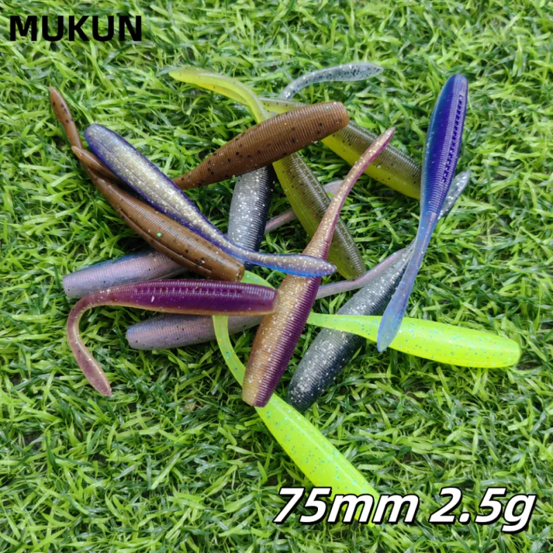 Señuelos blandos de Pesca MUKUN, cebos de plástico Artificial de silicona, Pesca de carpa, lubina, hundimiento, 75mm, 2,5g, Wobblers de carpa