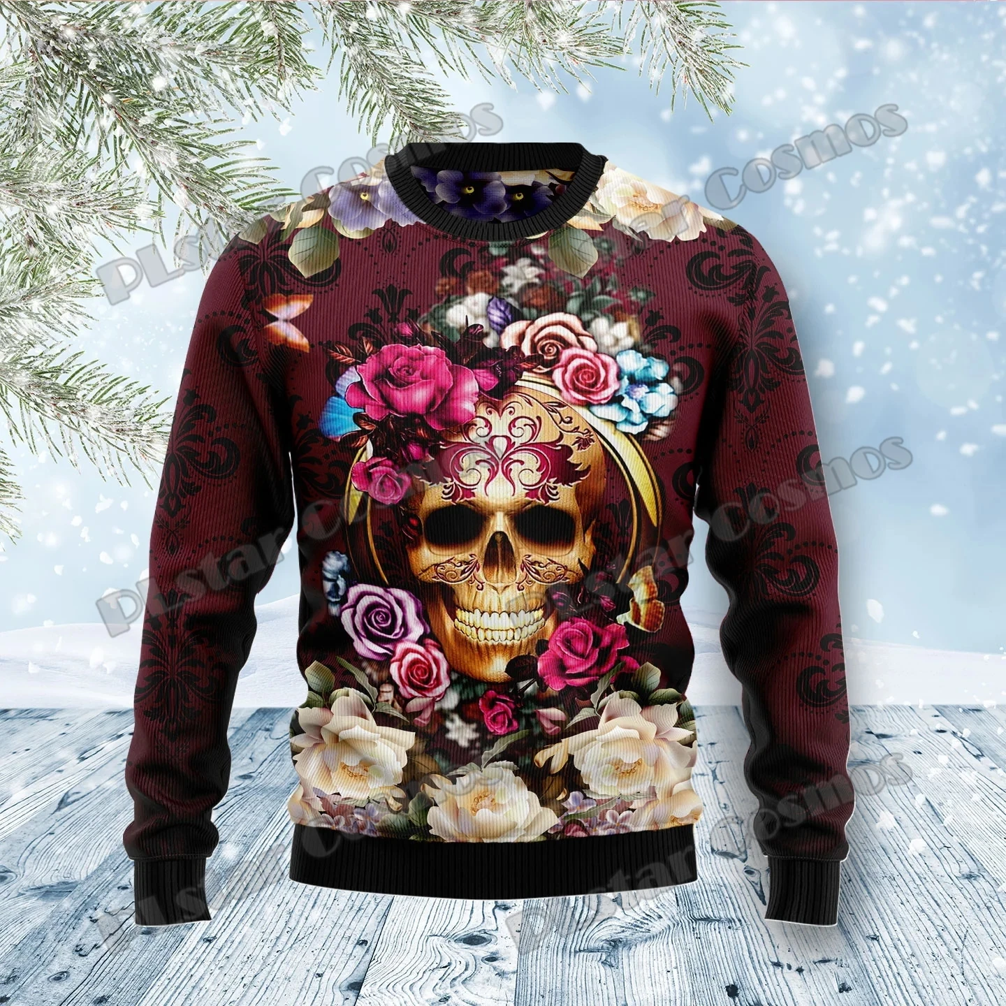 KMY14 Suéter navideño unisex calavera 3D y flores - imagen 5