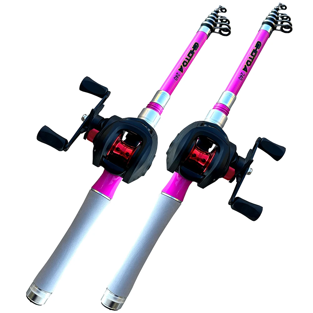 Juego de caña y carrete de pesca telescópico, 1,5 m, 1,8 m, 2,1 m, 2,4 m, caña de señuelo de pesca de fundición, relación de engranaje 7,2: 1, rueda ultraligera, color rosa - imagen 4
