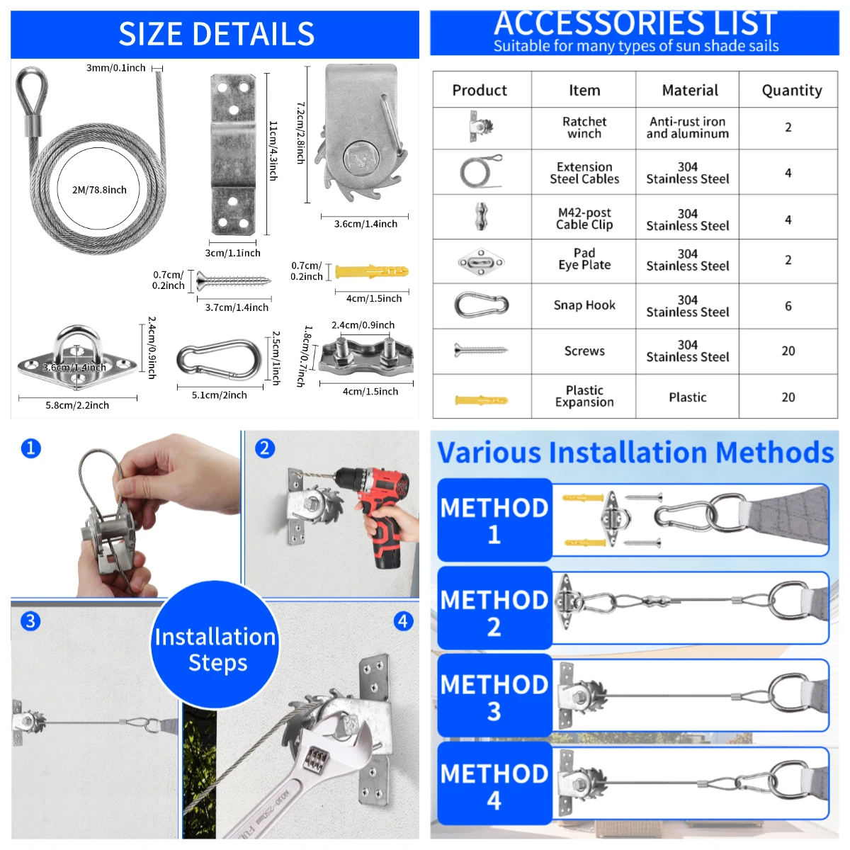Kit de alambre de vela de sombra de acero inoxidable, Kit de cuerda de alambre de jardín para entrenamiento de plantas para refugio solar, cuerdas colgantes de dosel de acero inoxidable de 2mm - imagen 3