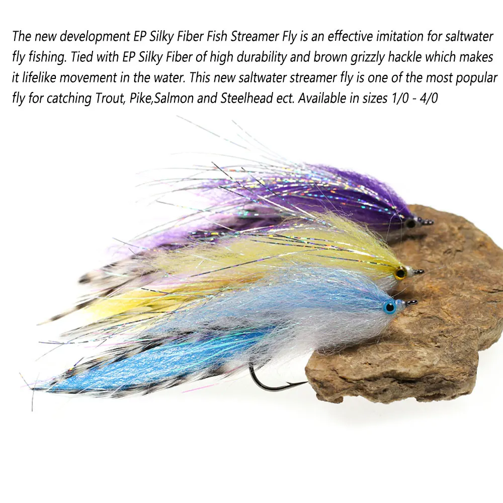 Bimoo, 1 unidad, 2 uds., 1/0 ~ 4/0 EP, serpentina de pescado de fibra sedosa, mosca, trucha, salmón, cabeza de acero, salmón, agua salada, moscas de pesca con mosca, cebos de señuelo - imagen 5