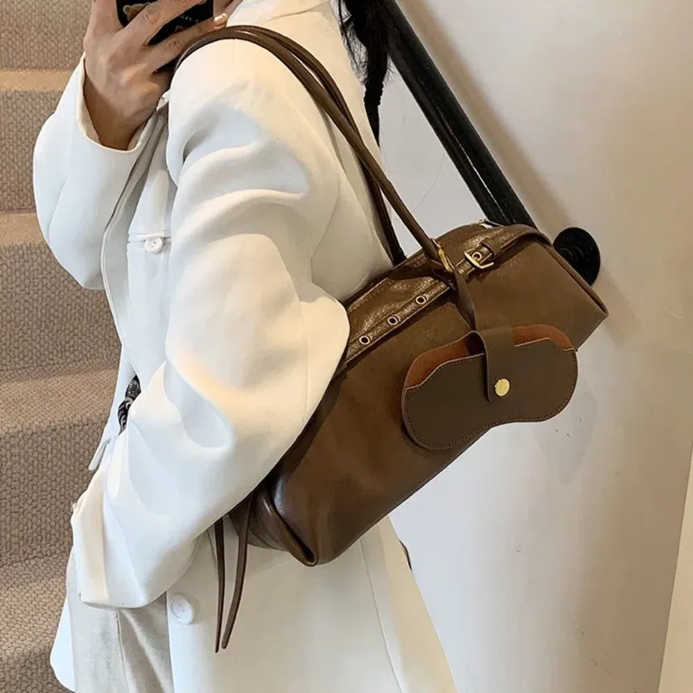 Bolso Retro de cuero PU para axila, Color sólido, gran capacidad, bolso de mano para mujer, hebilla de cinturón, bolso Boston de invierno - imagen 2