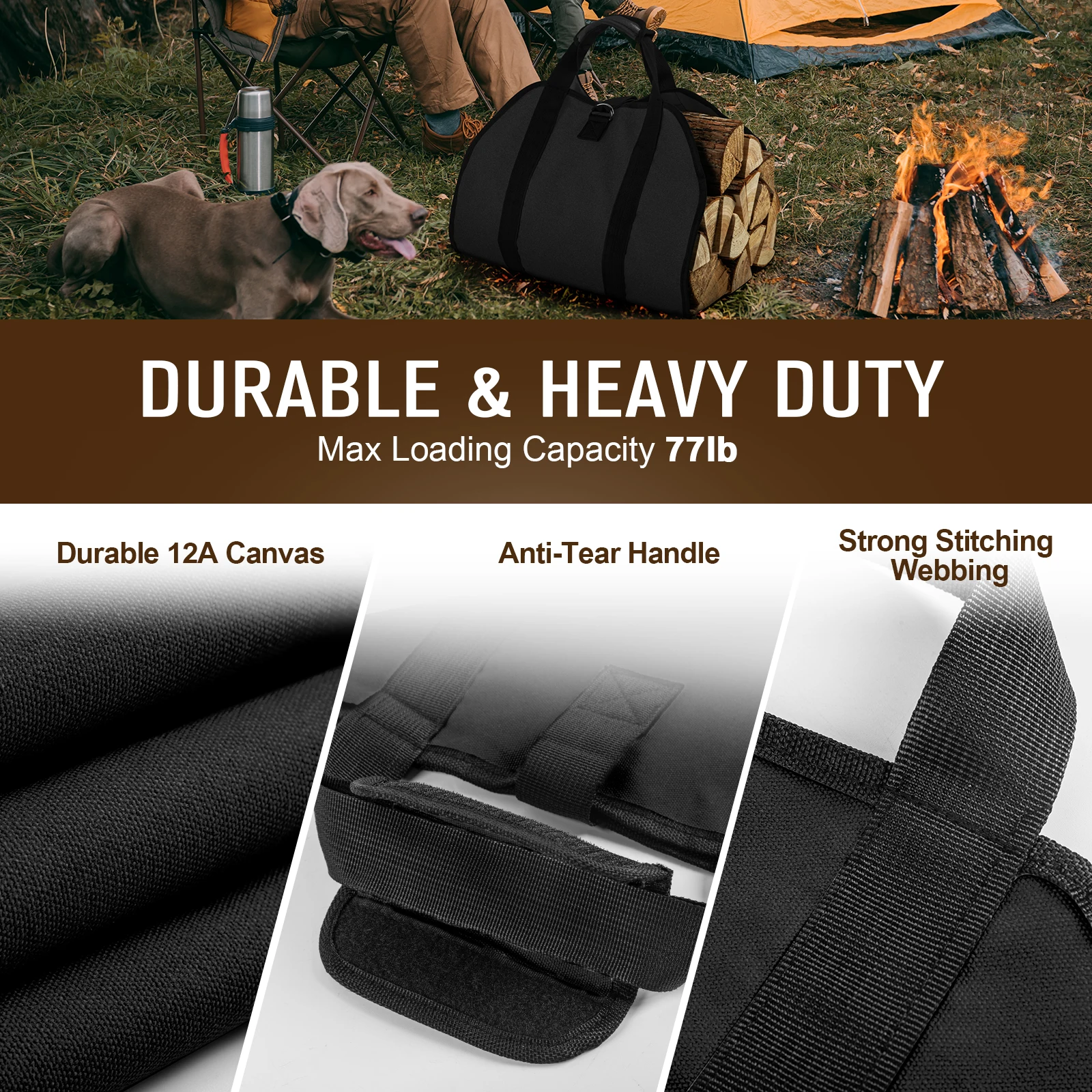 Bolsa para leña Goture, bolsa para leña de 99x48 cm con asas, soporte para leña de lona resistente de 12A para estufa de leña, interior y exterior - imagen 2