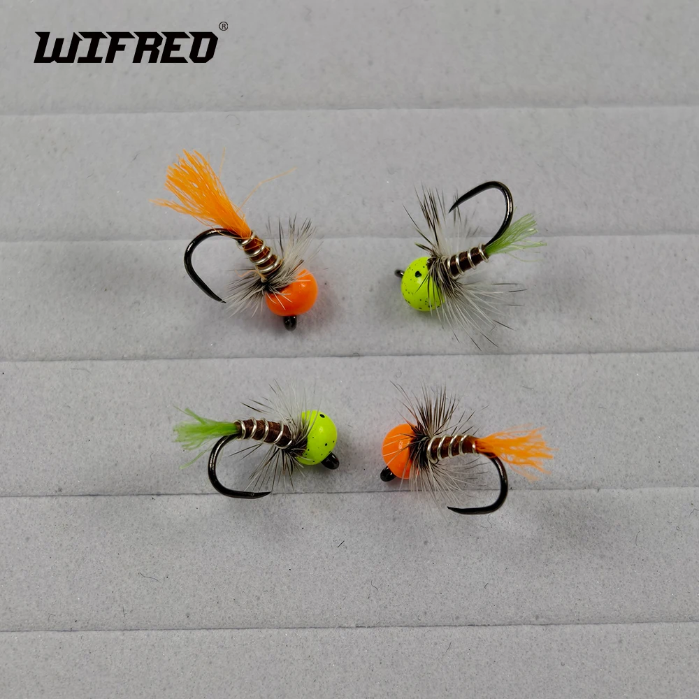 Wifreo 6PCS Offset Jig Bead Head Ninfa Moscas # 20 anzuelos sin púas, ninfas europeas, señuelo de pesca con mosca, cebo para trucha, lubina, Samlon - imagen 2