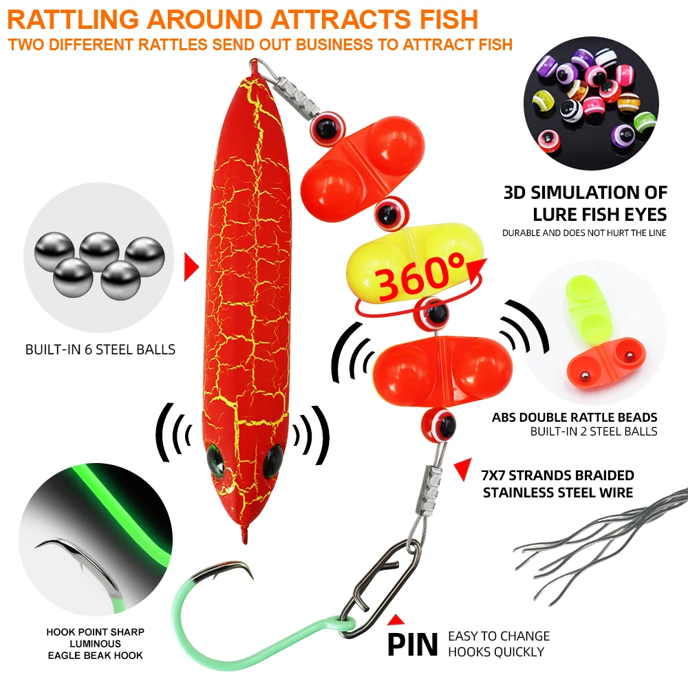 ZYZ 1 pieza de aparejos de bagre con 6/0 #   7/0 #   8/0 #   Ganchos circulares luminosos, cebo falso, flotador y cuentas de timbre, Ideal para cebo de pesca de bagre - imagen 3