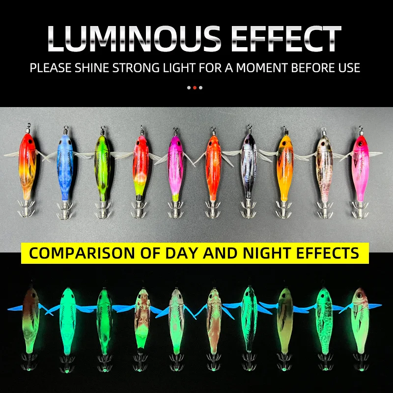 5 unids/caja simulación luminosa de madera camarones señuelos plomo plomo cebo para camarones plantillas gancho calamar pesca en el mar pulpo calamar señuelo - imagen 4