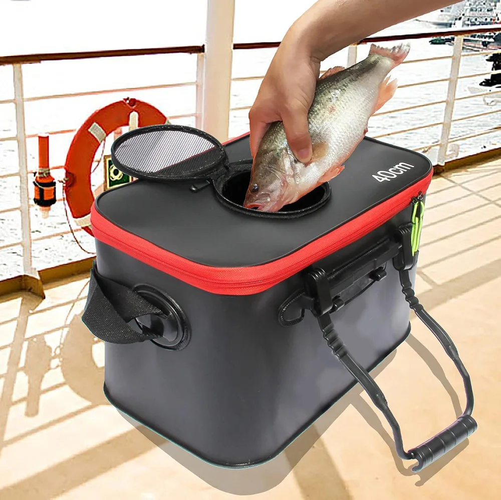 Caja de pesca portátil EVA gruesa, impermeable, con cremallera, bolsa plegable portátil para cubo de peces vivos, aparejos de pesca con correa para el hombro - imagen 3