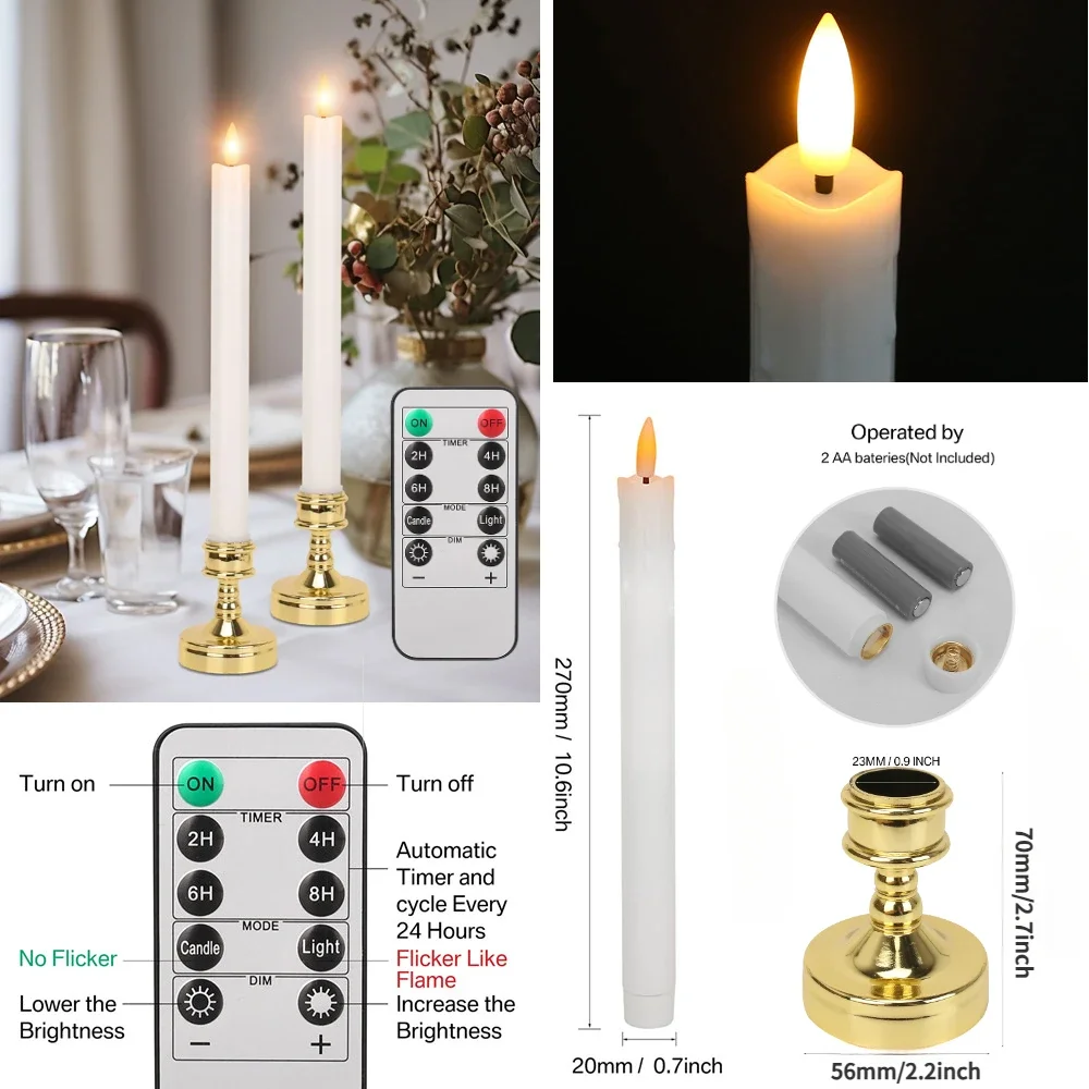 Velas de ventana sin llama con control remoto y soporte, velas cónicas LED parpadeantes con pilas, iluminación electrónica, 6 uds. - imagen 4