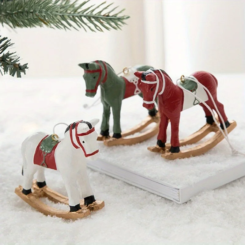 Caballo balancín 3D, colgante pequeño, decoración de árbol de Navidad, adorno colgante, decoración navideña Retro - imagen 2