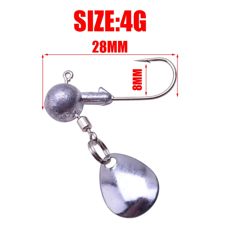 Anzuelo de cabeza de plomo con cuchara giratoria para peces, cebo suave, gusano, señuelo, accesorios, lote de 5 unidades, 2g, 4g - imagen 3