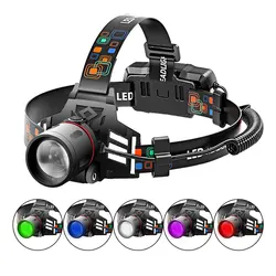 Linterna frontal LED de 3 modos con zoom 18650, luz de pesca, Camping, caza, roja, azul, 395nm, UV, verde, blanca