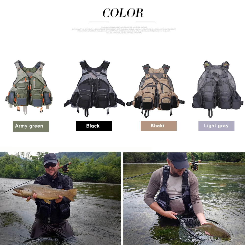 Un collage de cuatro chalecos de pesca diferentes, cada uno de un color diferente: verde militar, negro, caqui y gris claro. Cada chaleco está diseñado con múltiples bolsillos y compartimentos, lo que sugiere que están destinados a transportar equipo de pesca.
