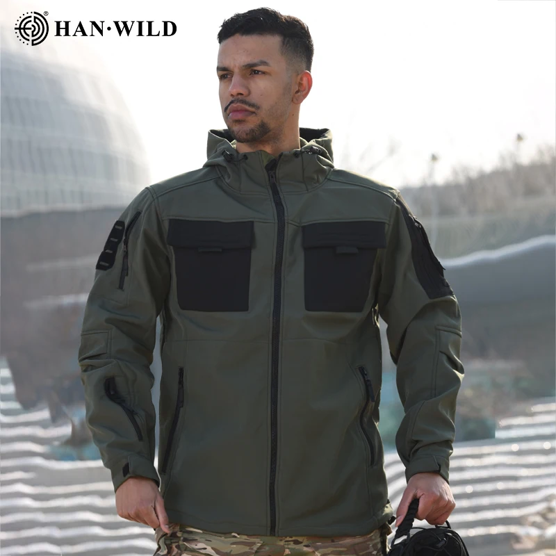 HAN WILD Softshell Jacekt, chaqueta con capucha de invierno para hombre, impermeable, piel de tiburón, abrigo táctico cálido de EE. UU., bolsillos grandes, abrigo de caza y senderismo - imagen 4