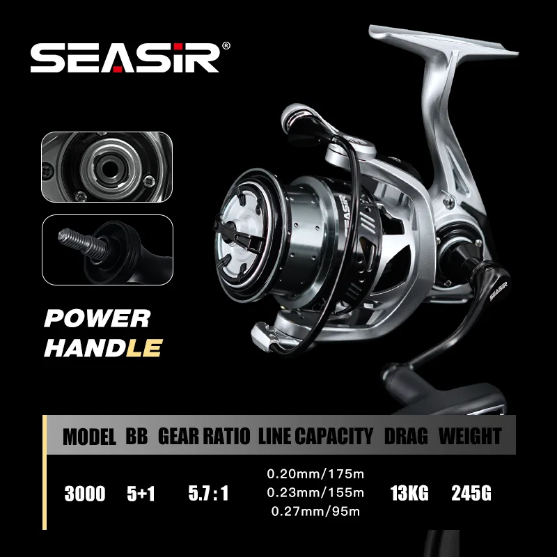 Seasir Cyberron-carrete de spinning con mango de potencia, 5 + 1Bb, arrastre de 13kg, resistente al agua de mar, engranaje de Metal de alta resistencia, buje de latón de acero inoxidable - imagen 2