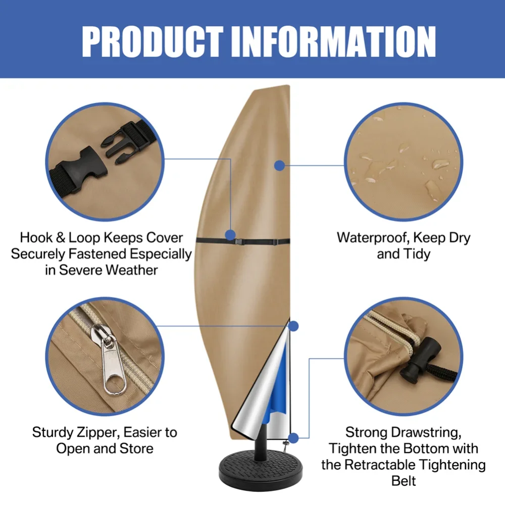 Cubierta de sombrilla de jardín con varilla y anillo de tracción protección UV 210D Oxford tela impermeable voladiza cubierta de sombrilla grande al aire libre - imagen 4