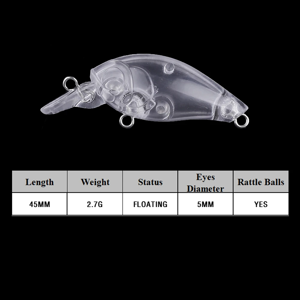 Chan'sHuang-Cebo en blanco sin pintar, 50 piezas, 45mm, 2,7g, sonajero flotante, Mini Crankbait, aparejo de señuelo de pesca Artificial hecho a mano - imagen 2