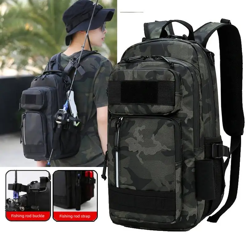 Bolsa de señuelo de pesca con soporte para caña, mochila multifuncional Molle para senderismo, correr al aire libre, bolsa de aparejo para acampar, mochila deportiva para caza