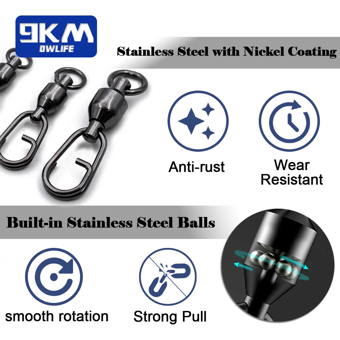 9KM rodamiento de bolas giratorio Snap 50 Uds pesca giratorio Snap resistente señuelo de acero inoxidable conector de línea agua salada agua dulce 35-187LBS - imagen 5