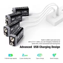 Batería 9V Recargable USB Tipo-C 6F22 para Electrónicos