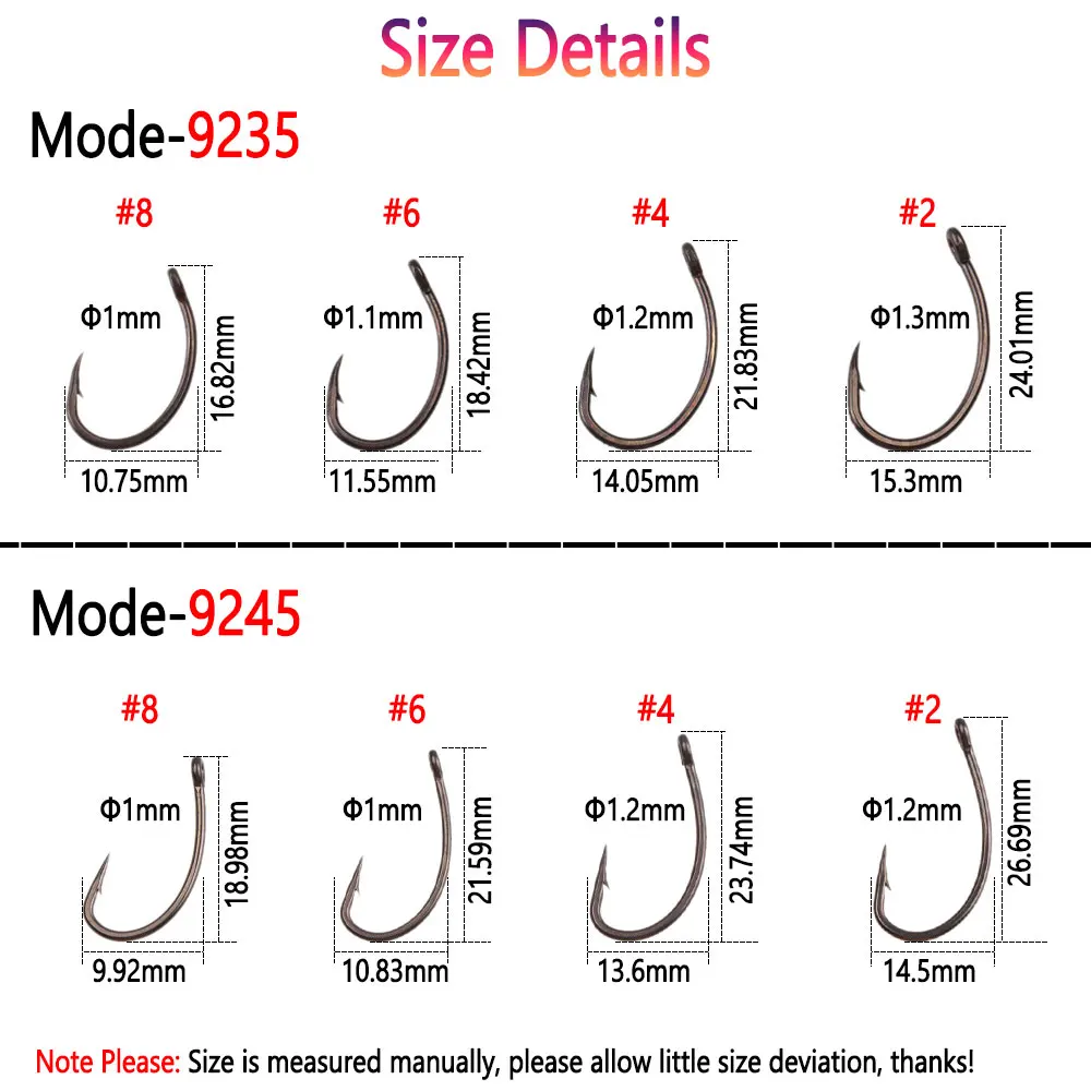 Bimoo 40 piezas # 2- # 8 anzuelos de pesca de carpa curvados con púas, anzuelo de pesca de carpa europea de acero rico en carbono para pelo de carpa/plateforme Chod Zig - imagen 4