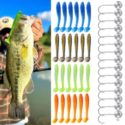 Juego de Señuelos de Pesca TEXAS RIG, 65 Uds., Swimbait, caja de juego de Señuelos de Pesca con cabeza de plantilla, cola en T, señuelo suave, cebo de agua dulce y salada