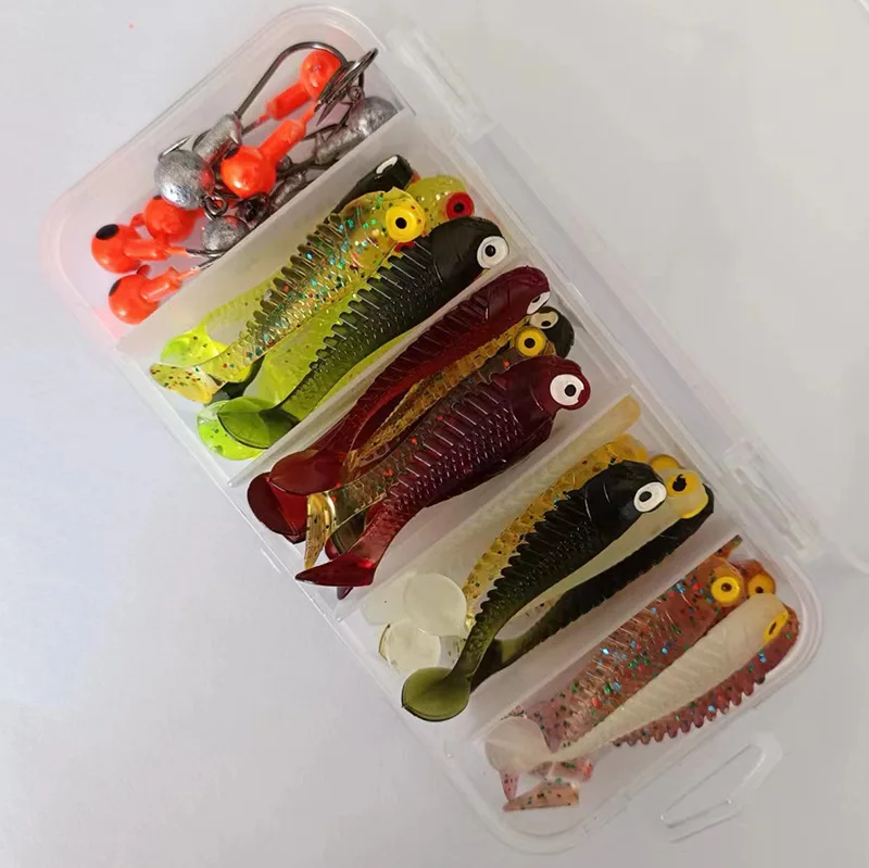 30 Uds señuelo de Pesca suave 5,5 cm T cola gusano 10 Uds anzuelo de cabeza de Jigging 3,5g plantilla de Metal Pesca de carpa Swimbait Kit de equipo cebo - imagen 5