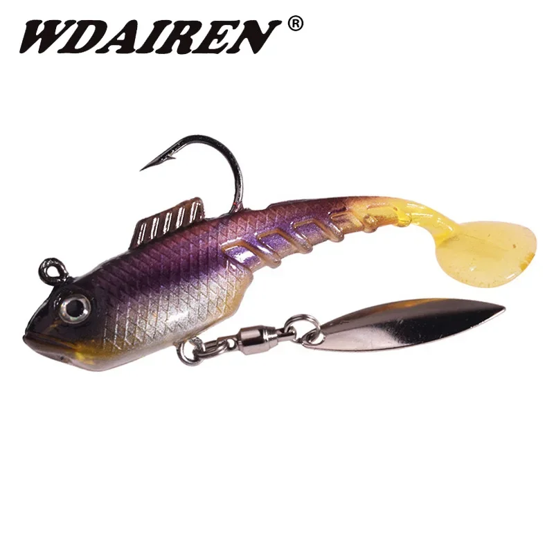 Anzuelos de plantilla de silicona, cebo suave con cuchara giratoria, lentejuelas, cola en T, Wobblers, señuelo de pesca Artificial para Lucio, lubina, Swimbait, 1 ud.