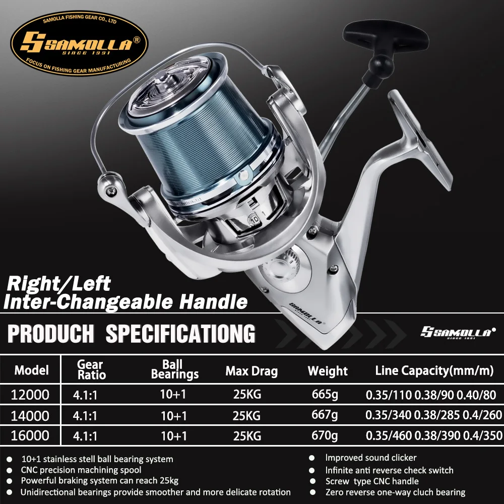 SAMOLLA carrete de pesca de agua salada giratorio 1200-16000 10 + 1BB 4,1: 1 arrastre máximo 25KG gusano Sharft carretes a prueba de agua pesca de carpa - imagen 3