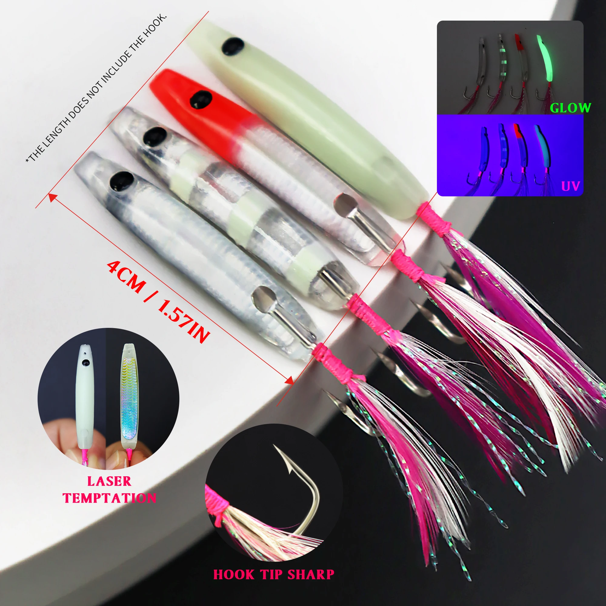 ZYZ-ganchos de cuerno de arco para pesca con curricán, 2 uds., 4CM, plantilla de plumas brillantes, anzuelos a juego, cebo Topwater, aparejos de pesca de mar - imagen 3