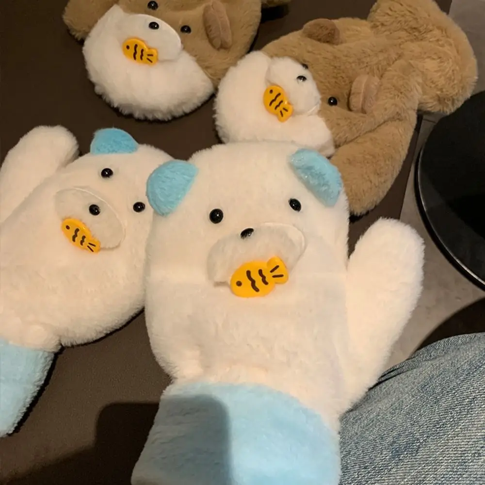 Guantes de dedo a la moda, bufanda con orejeras de oso, cuerda colgante para comer peces, orejeras de felpa para invierno, conjunto de guantes y bufanda de felpa gruesa para esquiar - imagen 3