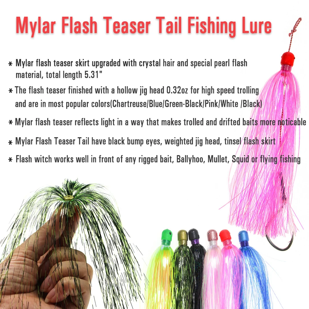 ICERIO 2 piezas Mylar Flash Teaser Tail Jig Head señuelo de pesca, cebo para falda de pesca de agua salada, accesorios de señuelo de curricán - imagen 2