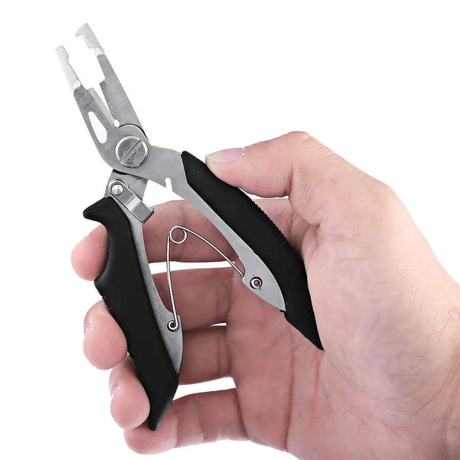 Alicates de pesca multifuncionales, tijeras, cortador de línea, removedor de anzuelos, accesorios de abrazadera de pesca, herramientas con bolsa, color negro, 1 Uds. - imagen 2