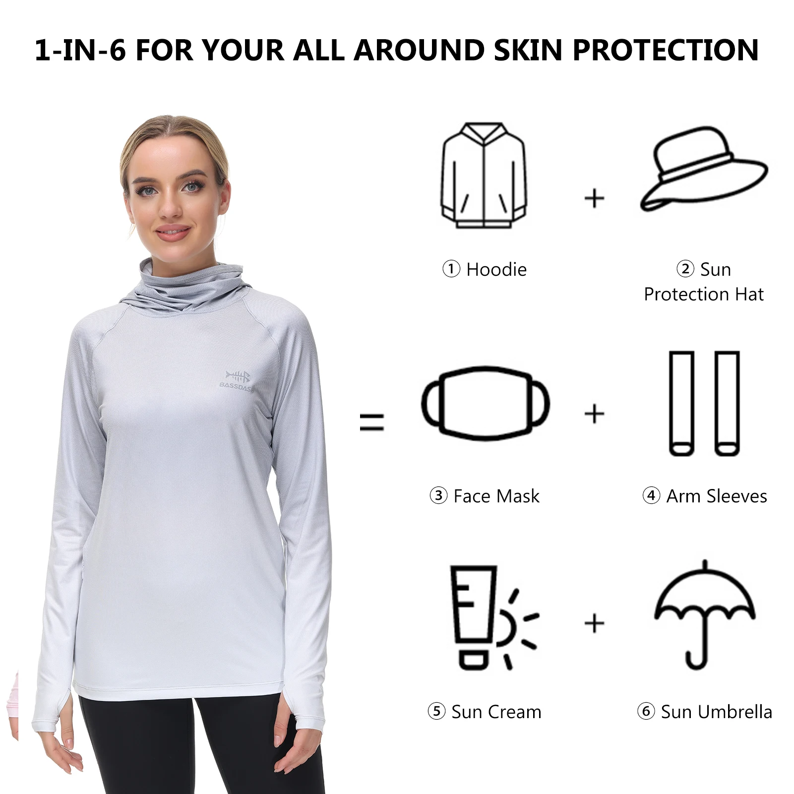 Bassdash-Sudadera con capucha de pesca para mujer, camisa con máscara facial, agujeros para el pulgar, UPF 50 +, FS23W - imagen 4