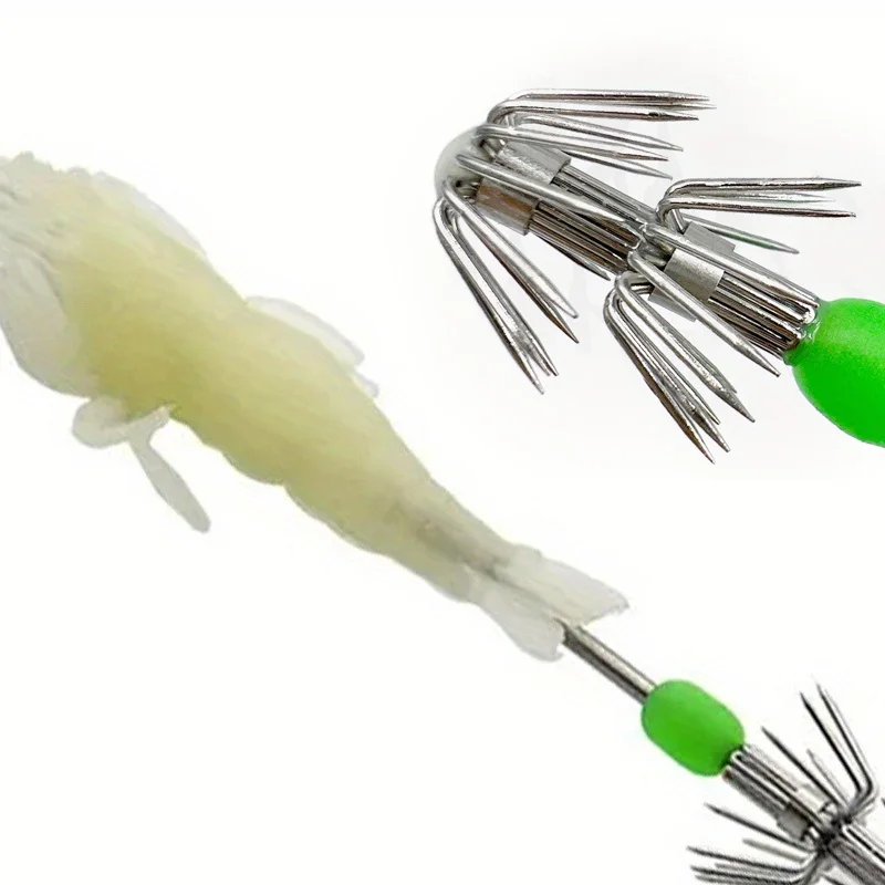 Ackibbik, 5 uds., 12/15/18cm, anzuelo luminoso para paraguas de calamar, anzuelo para camarones de acero inoxidable, ganchillo, anzuelos de pesca con paraguas de calamar de 2 capas - imagen 5